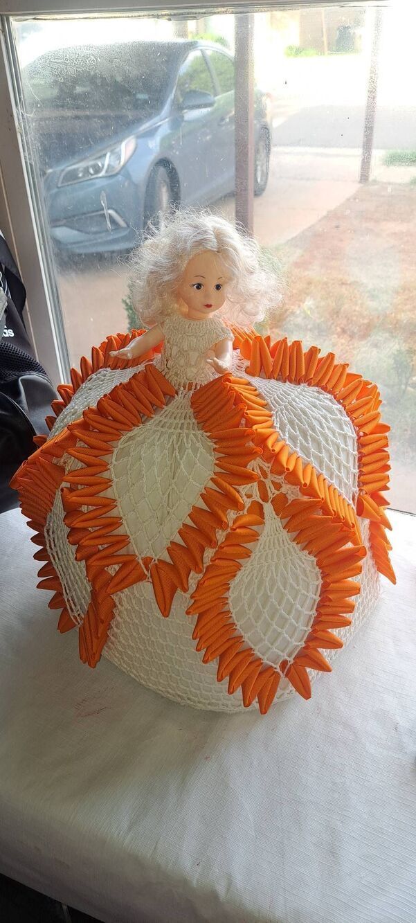 Vintage Handmade Crochet Ribbon Doll Centerpiece White Orange Crinoline Lady Dec